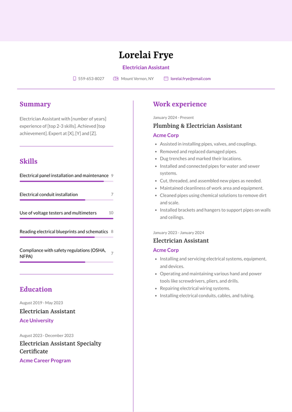 Electrician Assistant Resume Examples and Templates