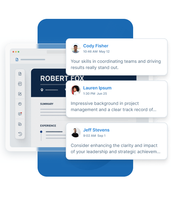 Feedback comments from three reviewers beside a resume in the VisualCV editor