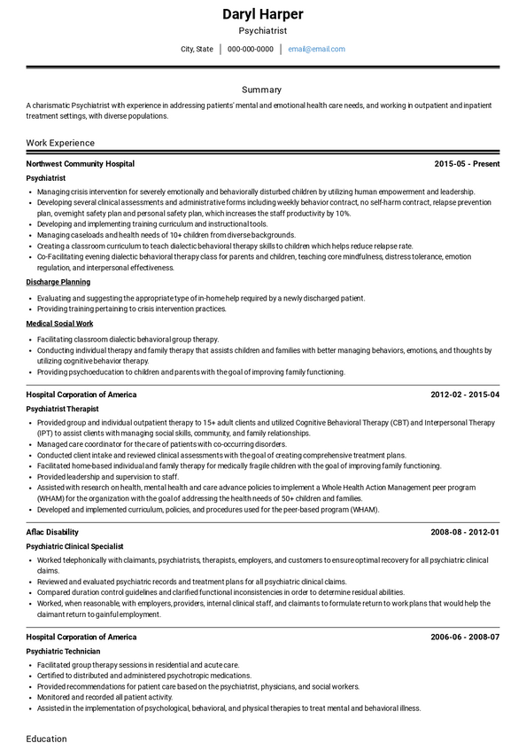 Psychiatrist Resume Samples and Templates | VisualCV