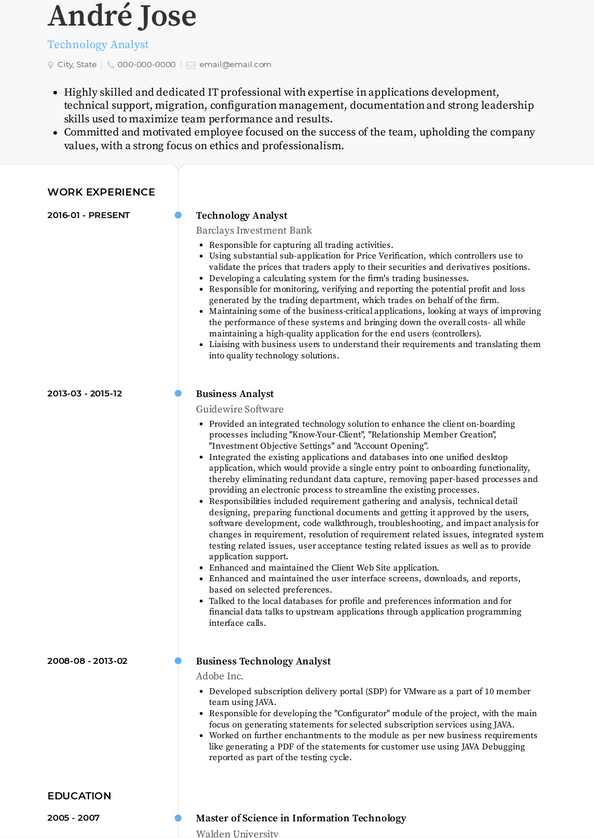 Technology Analyst Resume Samples and Templates | VisualCV