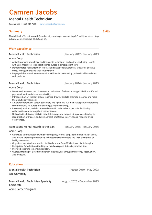 3 Mental Health Technician Resume Examples And Templates