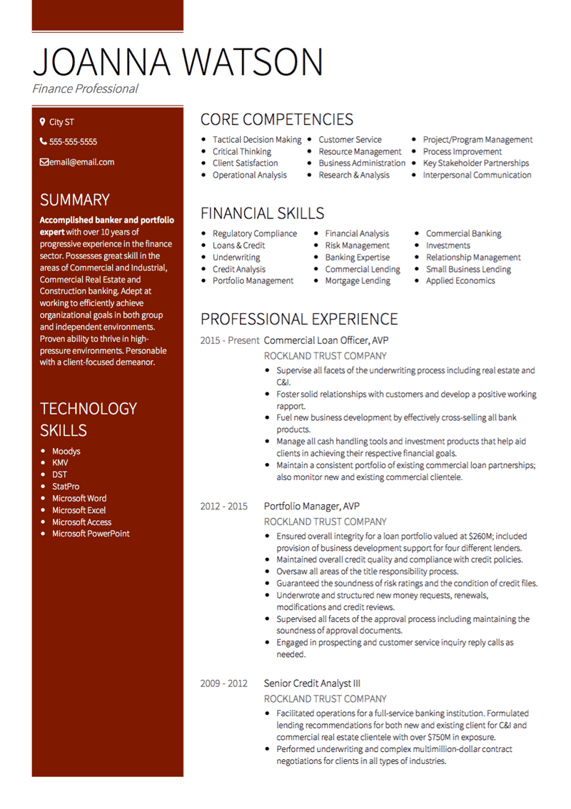 resume templates banking professional