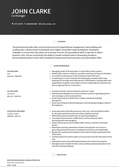 Co-manager Resume Samples and Templates | VisualCV