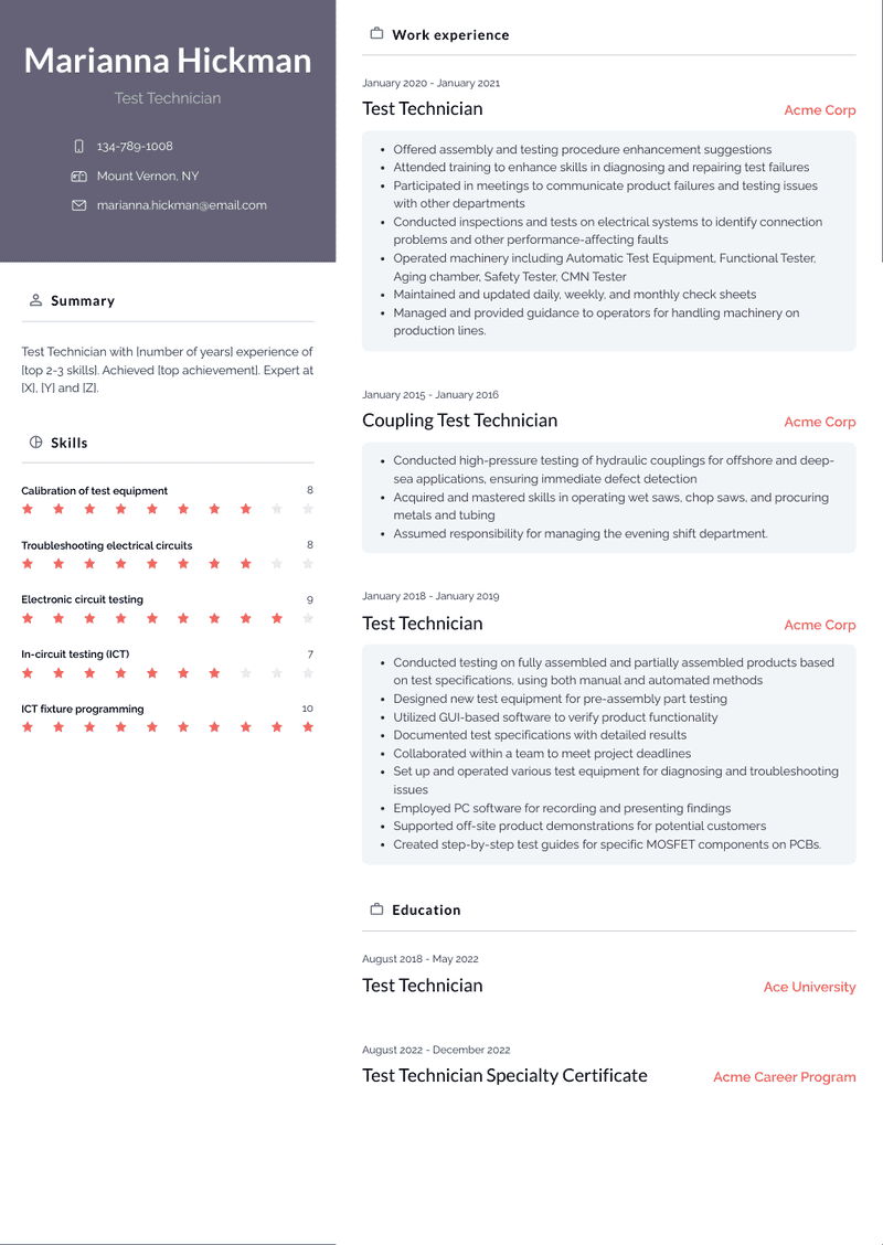 Test Technician Resume Sample and Template