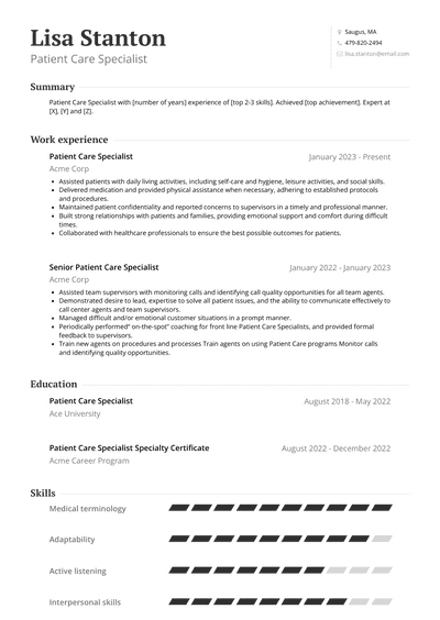 Patient Care Specialist Resume Examples and Templates