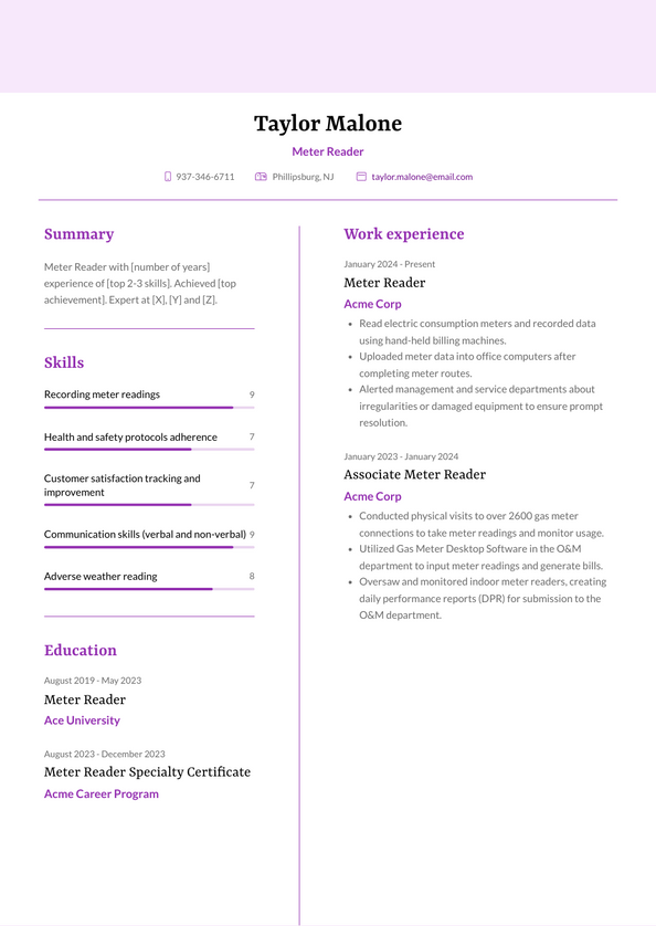 Meter Reader Resume Examples and Templates