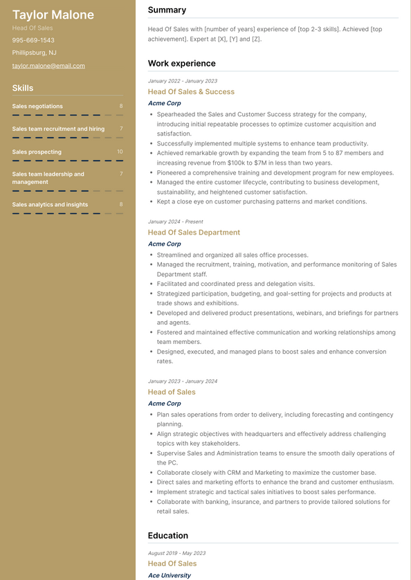 Head Of Sales Resume Examples and Templates