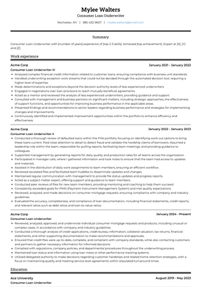 Consumer Loan Underwriter Resume Sample and Template