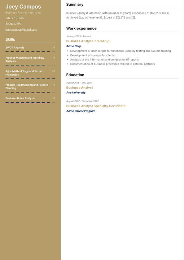 sample resume for business analyst internship