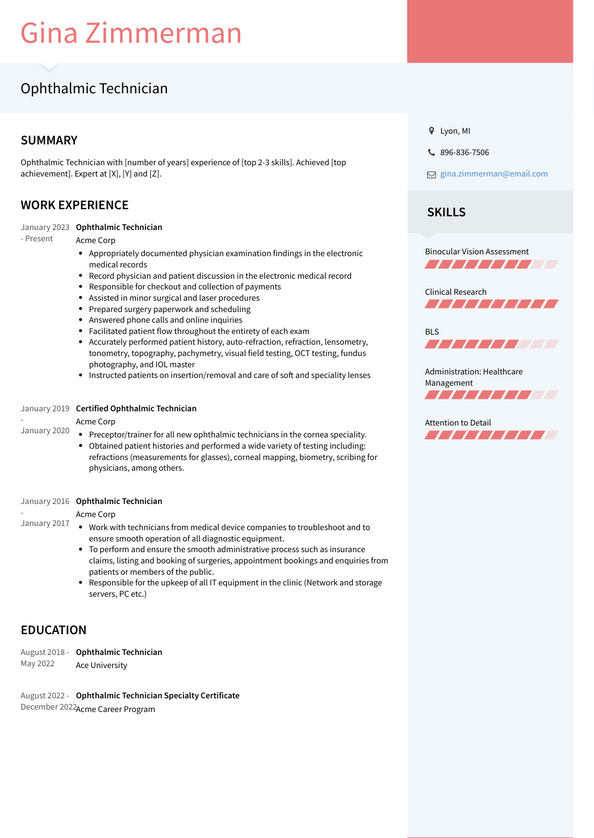 Ophthalmic Technician Resume Examples and Templates