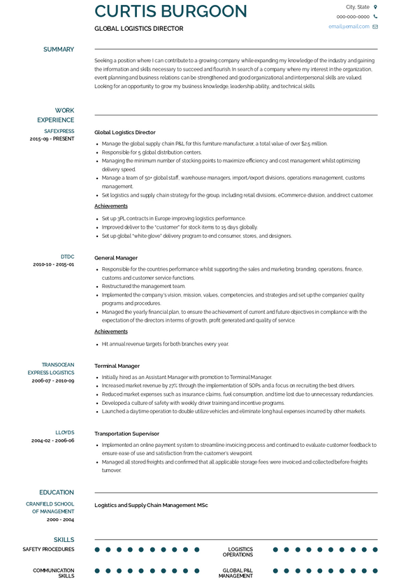 Logistics Manager Resume Samples and Templates | VisualCV