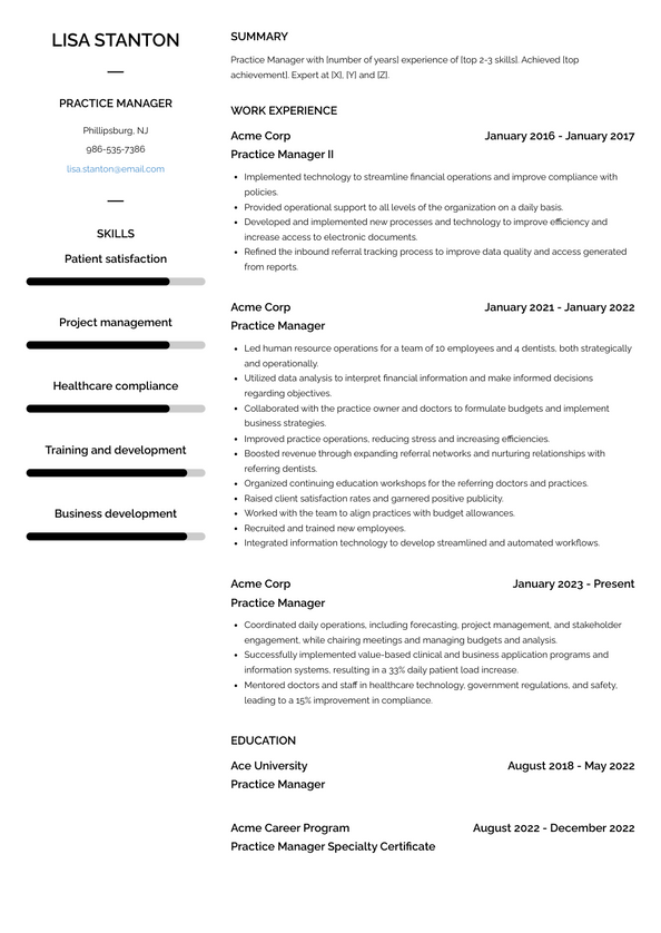 Practice Manager Resume Examples and Templates