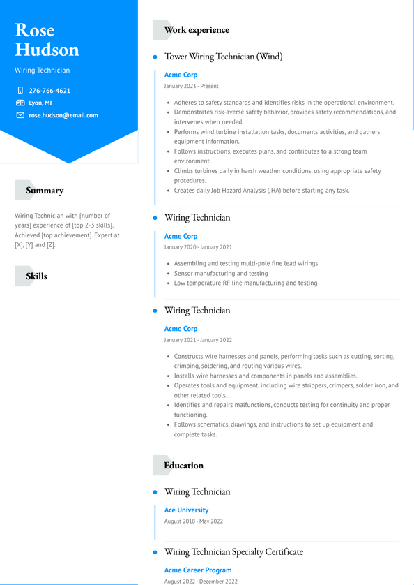 Wiring Technician Resume Examples and Templates