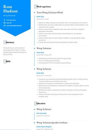 Wiring Technician Resume Sample and Template