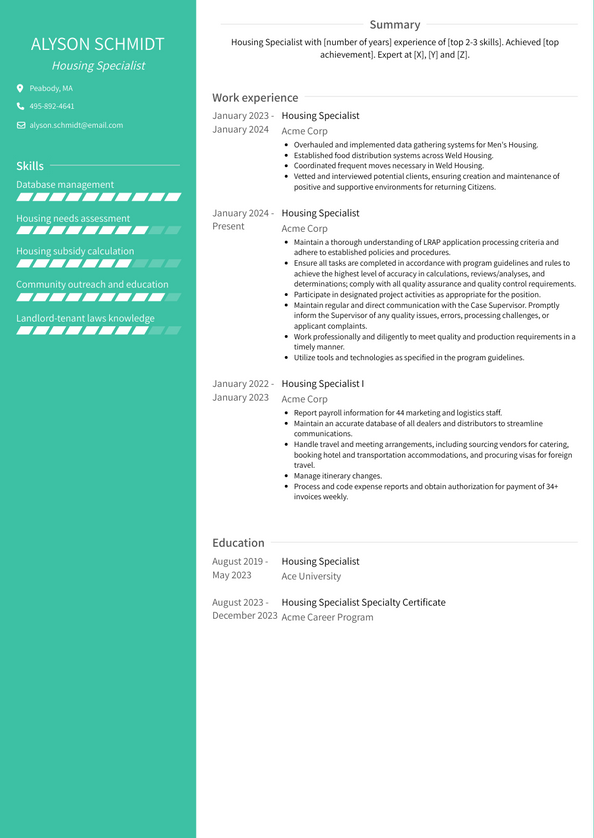 Housing Specialist Resume Examples and Templates