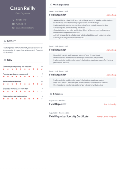 Field Organizer Resume Examples and Templates