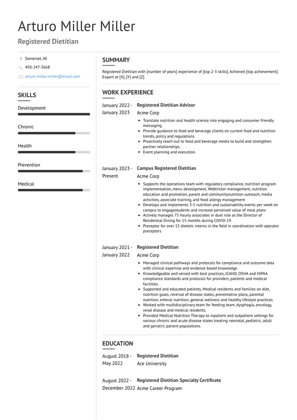 Registered Dietitian Resume Examples And Templates   Registered Dietitian Resume Example Corporate 