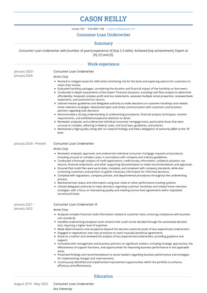 Consumer Loan Underwriter Resume Sample and Template