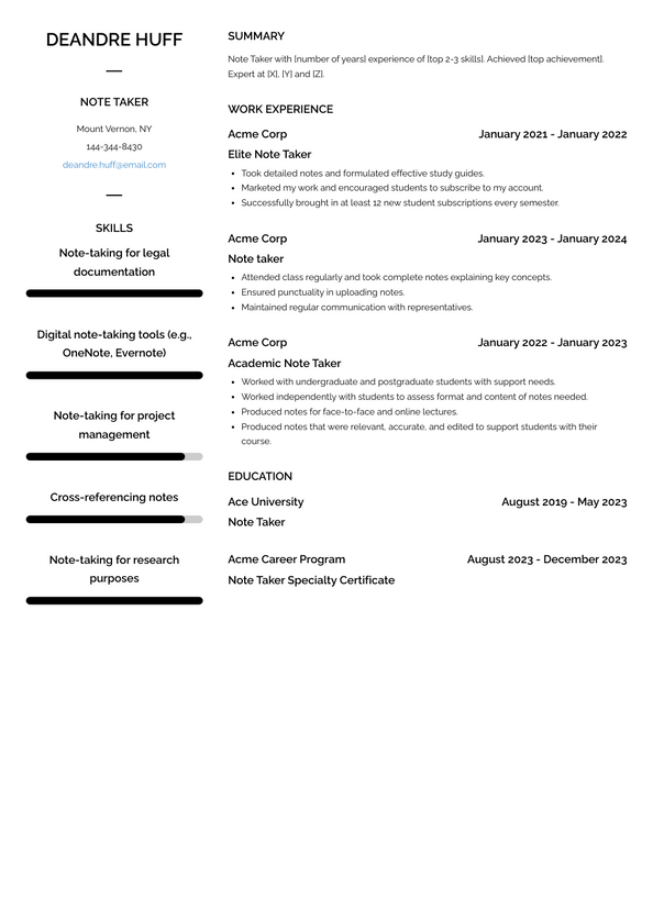 Note Taker Resume Examples and Templates