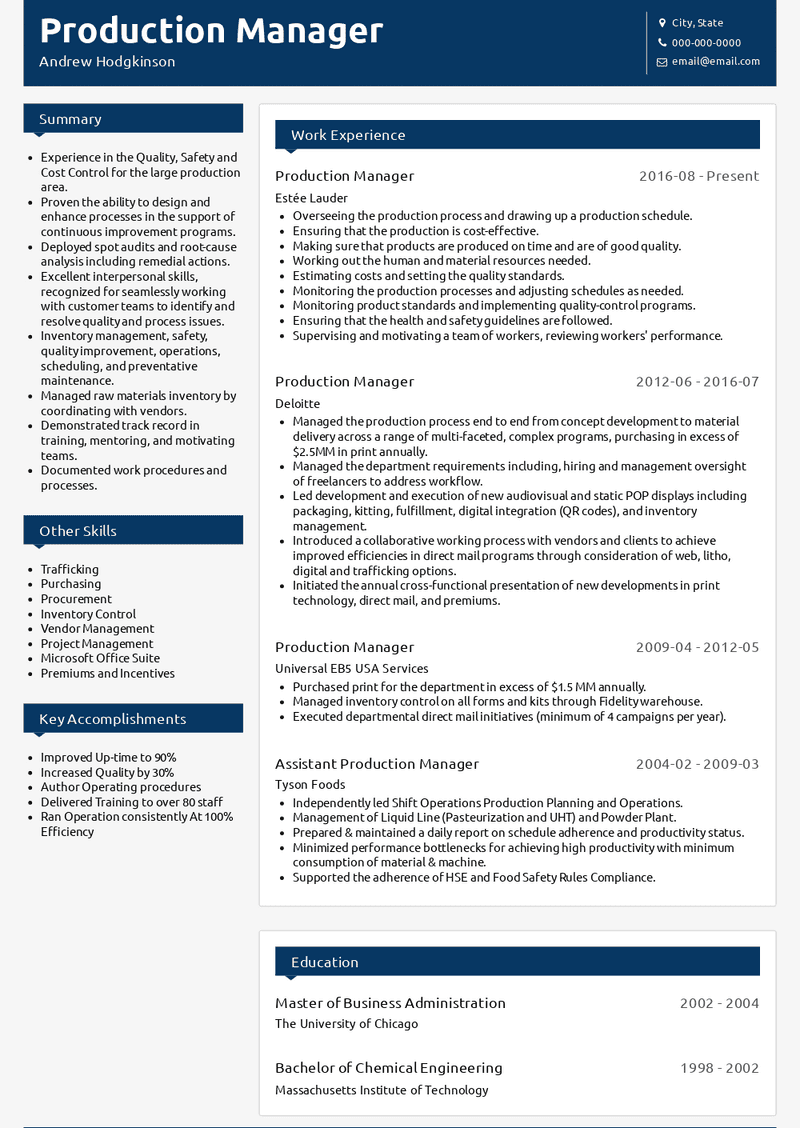 Production Manager Resume Samples And Templates VisualCV