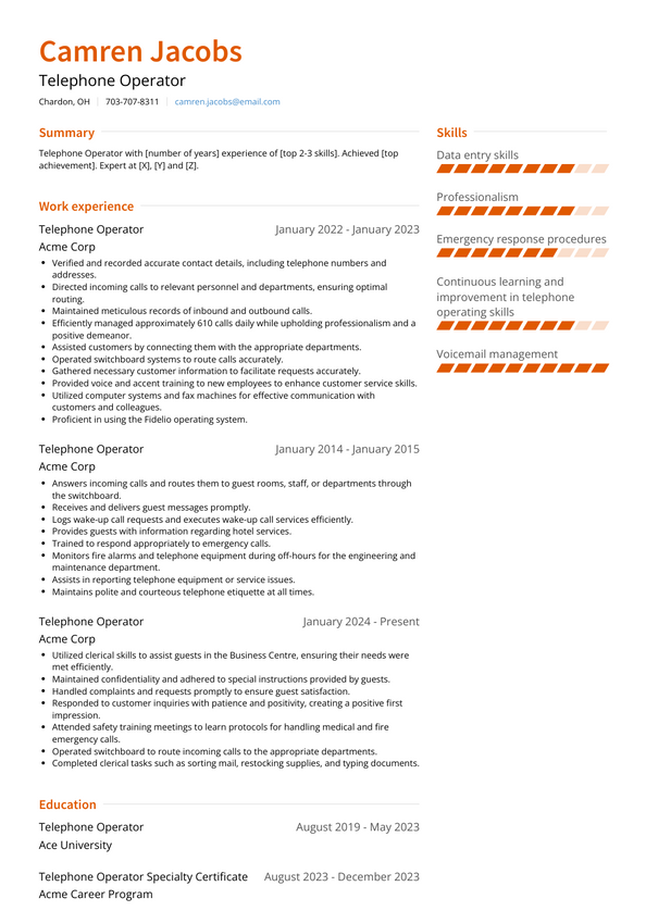 Telephone Operator Resume Examples and Templates