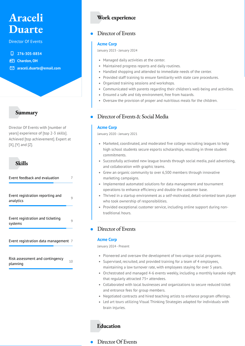 Director Of Events Resume Sample and Template