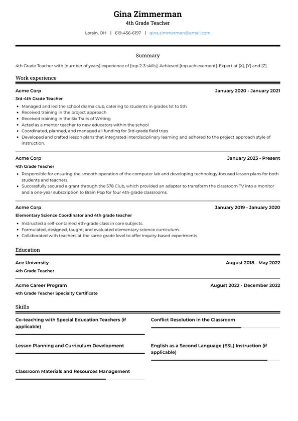 4th Grade Teacher Resume Examples and Templates