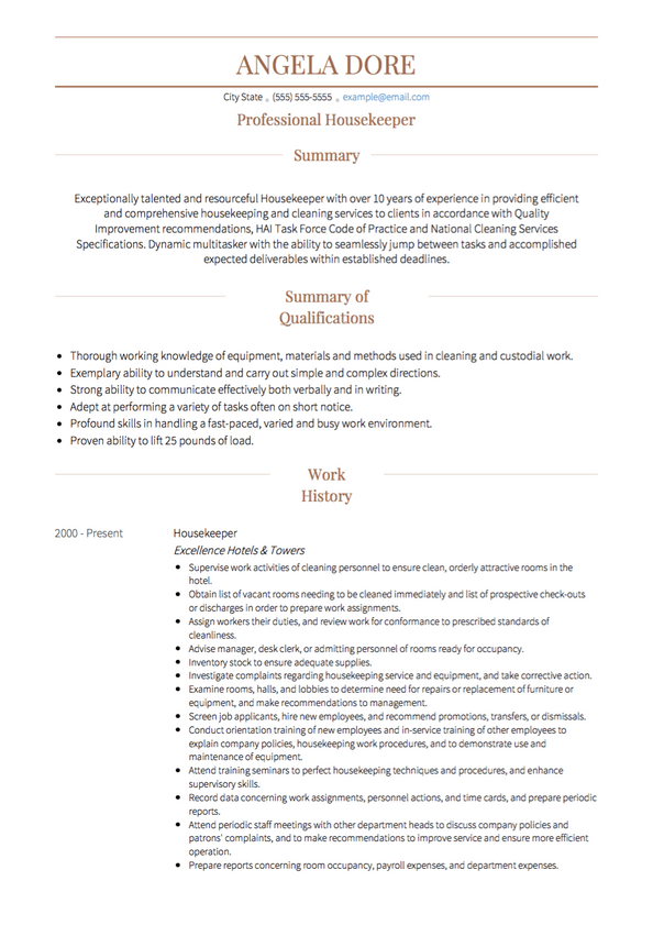 Housekeeping CV Examples & Templates | VisualCV