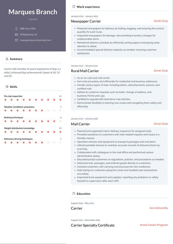 Carrier Resume Examples and Templates