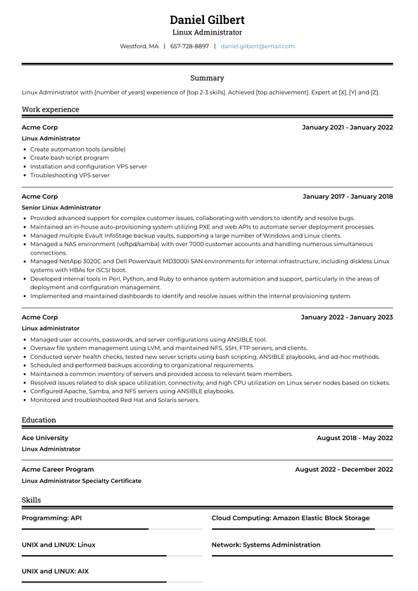 Linux Administrator Resume Examples and Templates