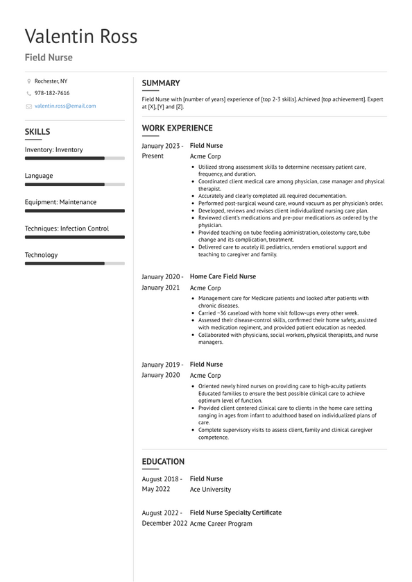 resume for nursing field