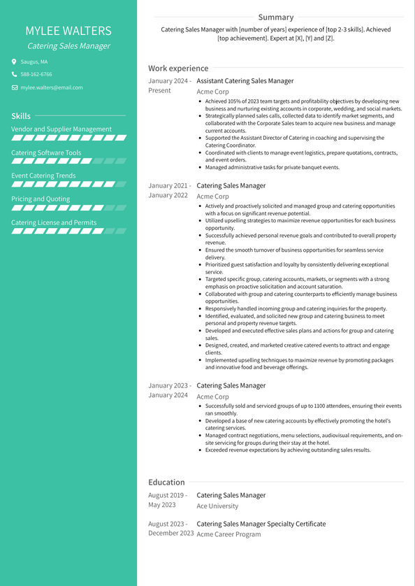 Catering Sales Manager Resume Examples and Templates