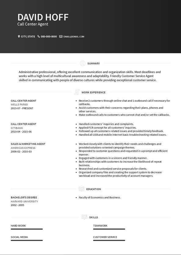 Call Center Agent Resume Samples and Templates | VisualCV