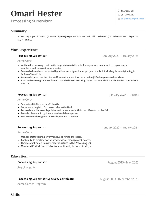 Processing Supervisor Resume Examples and Templates