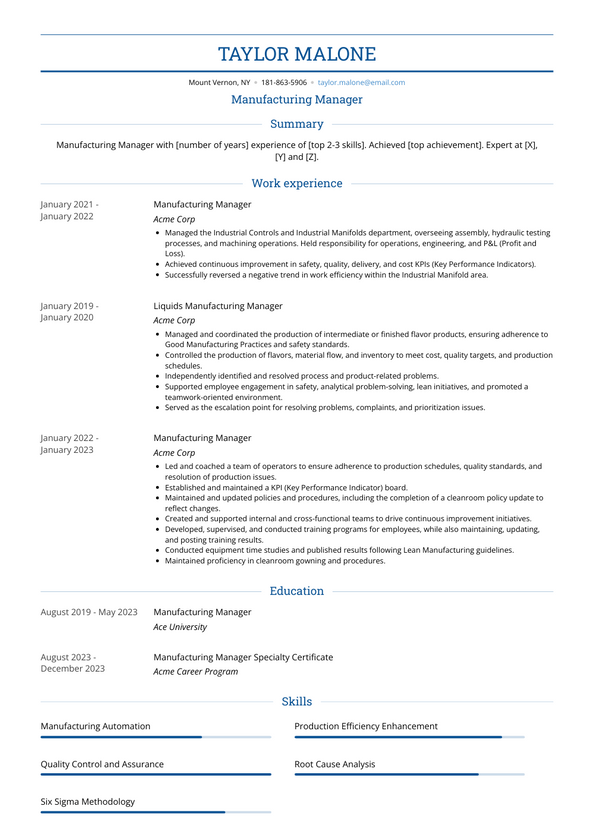 Manufacturing Manager Resume Examples and Templates