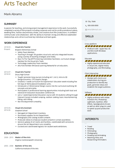 Art Teacher Resume Samples and Templates | VisualCV