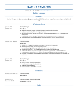 Cashier Manager Resume Sample and Template