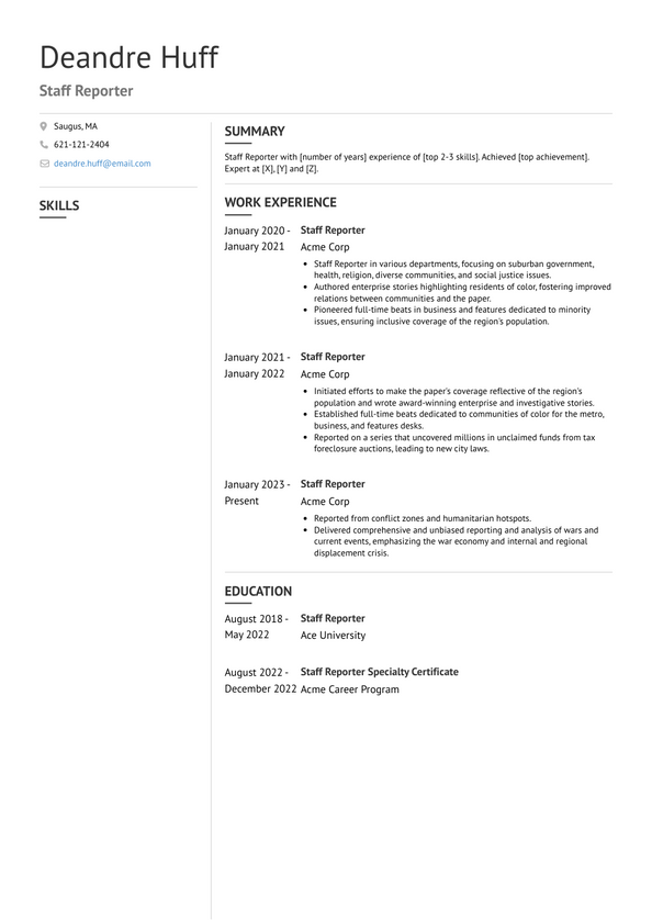 Staff Reporter Resume Examples and Templates