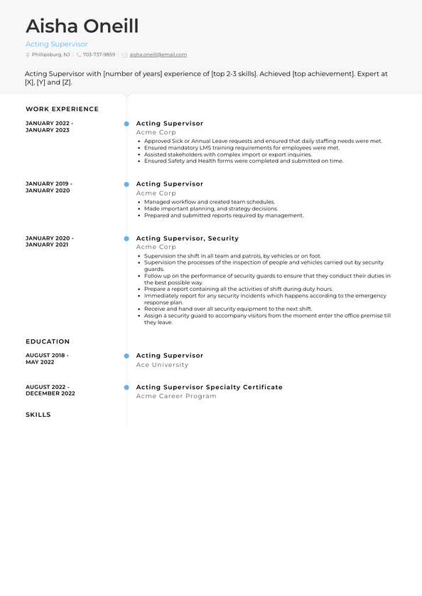 Acting Supervisor Resume Examples and Templates