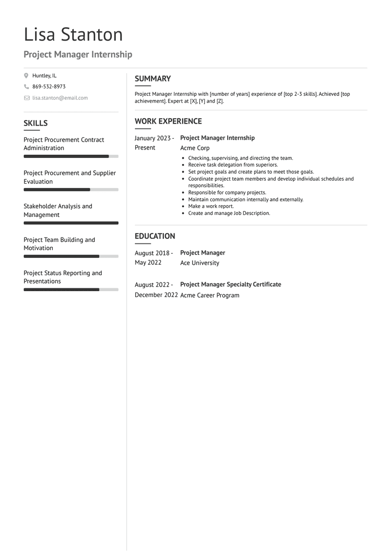 Project Manager Internship Resume Sample and Template