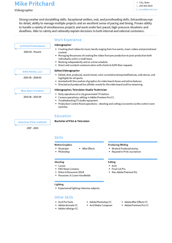 Videographer Resume Samples And Templates 