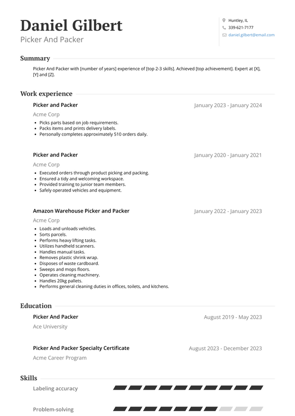 Picker And Packer Resume Examples and Templates