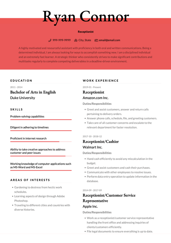 Receptionist CV Examples & Templates | VisualCV