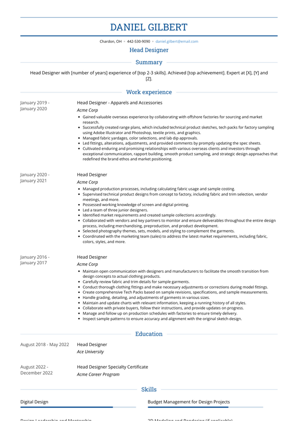 Head Designer Resume Examples and Templates