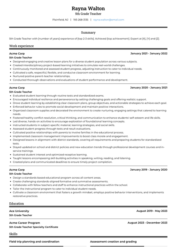 5th Grade Teacher Resume Examples and Templates