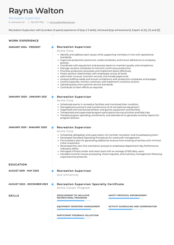 Recreation Supervisor Resume Examples and Templates