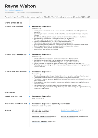 Recreation Supervisor Resume Examples and Templates