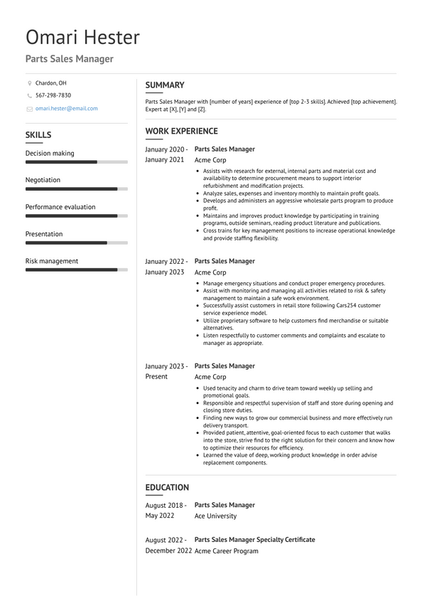 Parts Sales Manager Resume Examples and Templates