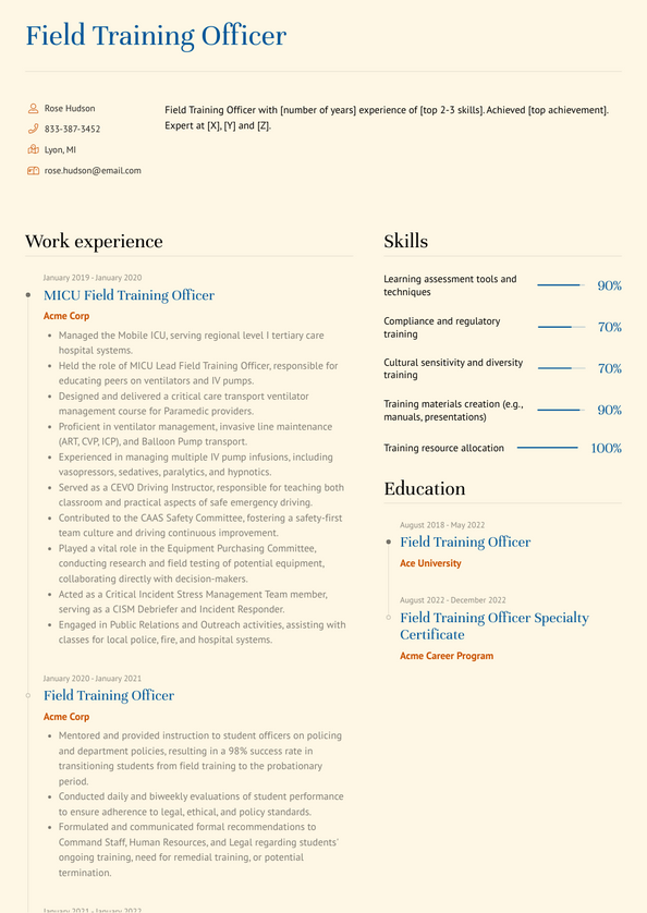 Field Training Officer Resume Examples and Templates