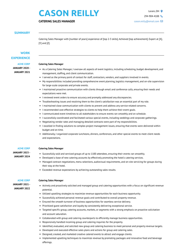 Catering Sales Manager Resume Examples and Templates